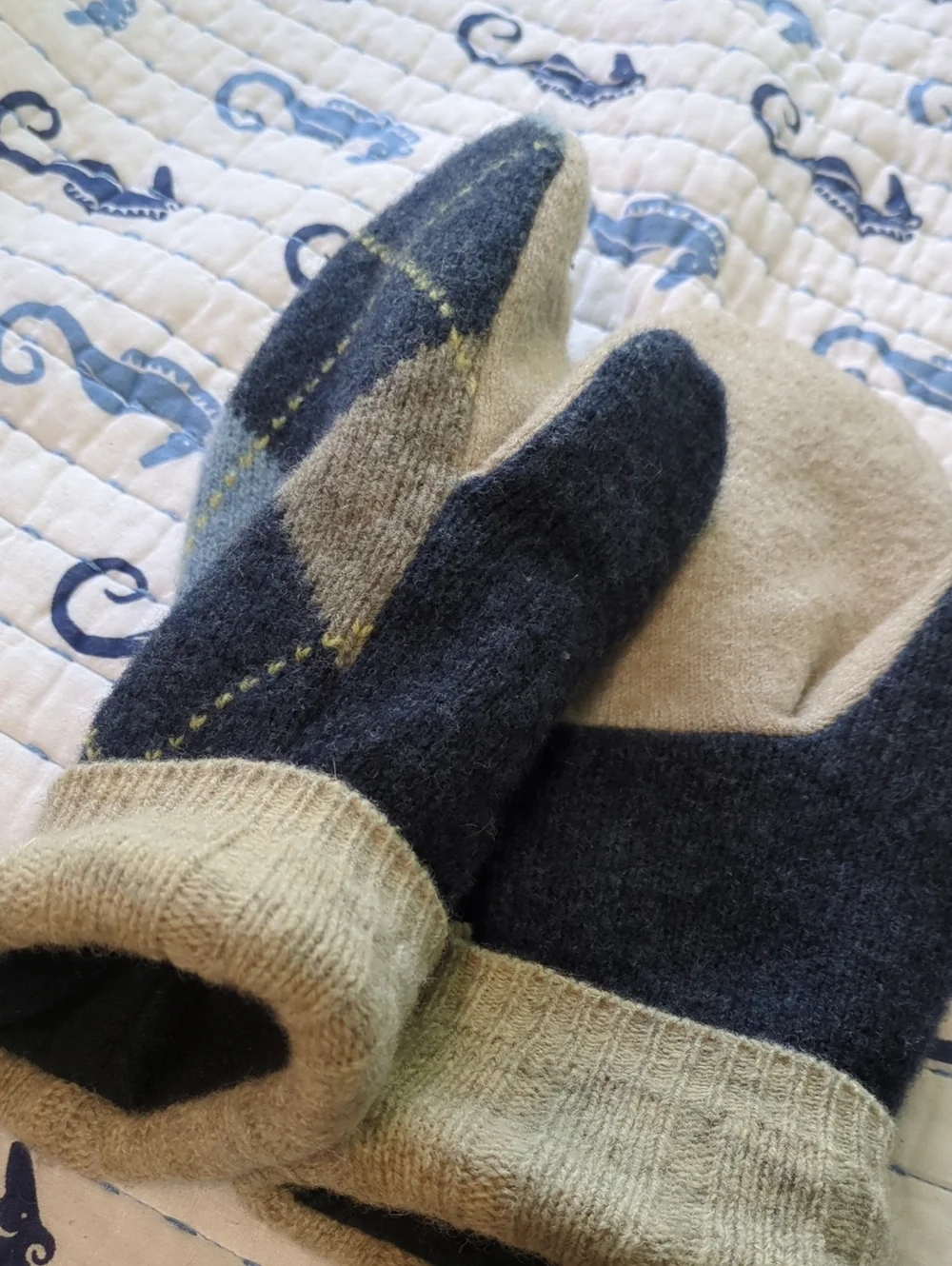 Wool Cashmere No Brand Quality Knit Mittens - Blue, Gray, Cream One Size Unisex